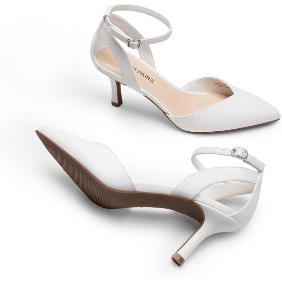 Dream Pairs Women White-pu Closed Pointed Toe Kitten Heels Ankle Strap Pumps - Picture 4 of 7